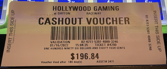 Slot Machine Voucher for $196.84 [Hollywood Gaming Dayton]