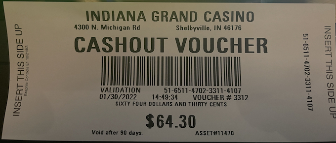 Voucher with $64 from $100 Bankroll After 5-Spin Test [Horseshoe Indianapolis]