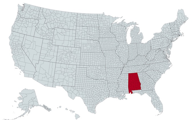 Alabama on a U.S. Map [Alabama Slot Machine Casino Gambling]