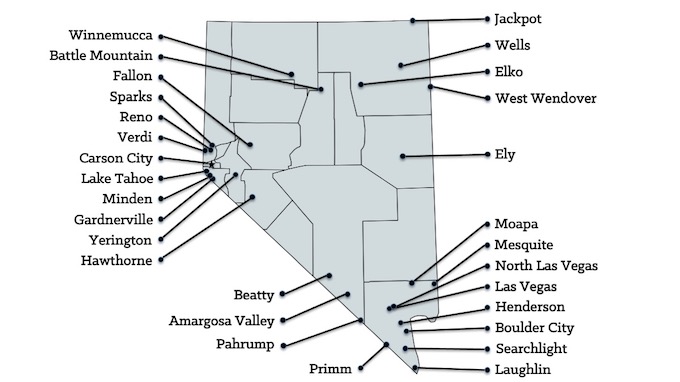 Map of Nevada Cities with Casinos [Nevada Slot Machine Casino Gambling]