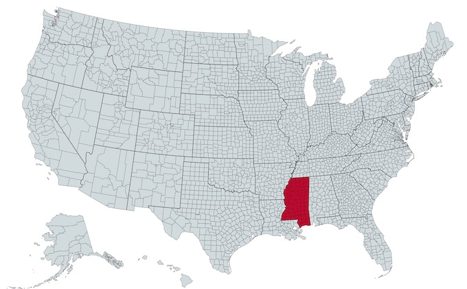 Mississippi on a U.S. Map [Mississippi Slot Machine Casino Gambling]