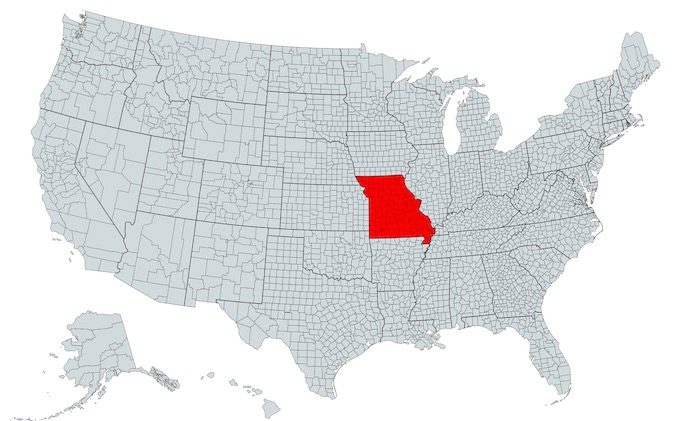 Missouri on a U.S. Map [Missouri Slot Machine Casino Gambling]