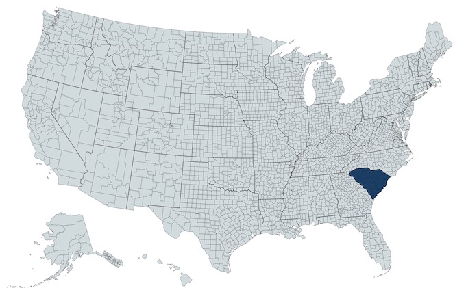 South Carolina on a U.S. Map [South Carolina Slot Machine Casino Gambling]