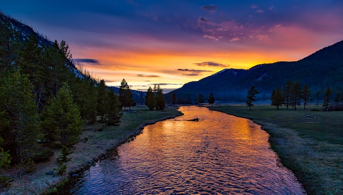 Sunset Over a River and Mountains [Wyoming Slot Machine Casino Gambling]