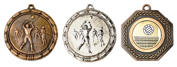 First, second, and third place volleyball medals [Oldest]